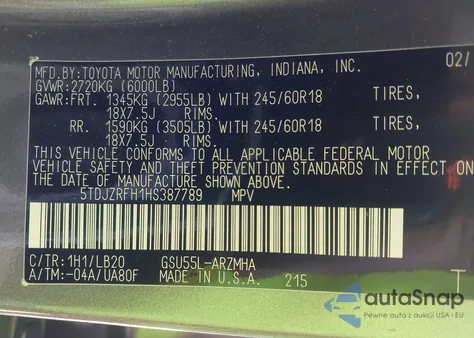 2017 Toyota Highlander Xle z USA, uszkodzony, nr VIN 5TDJZRFH1HS387789